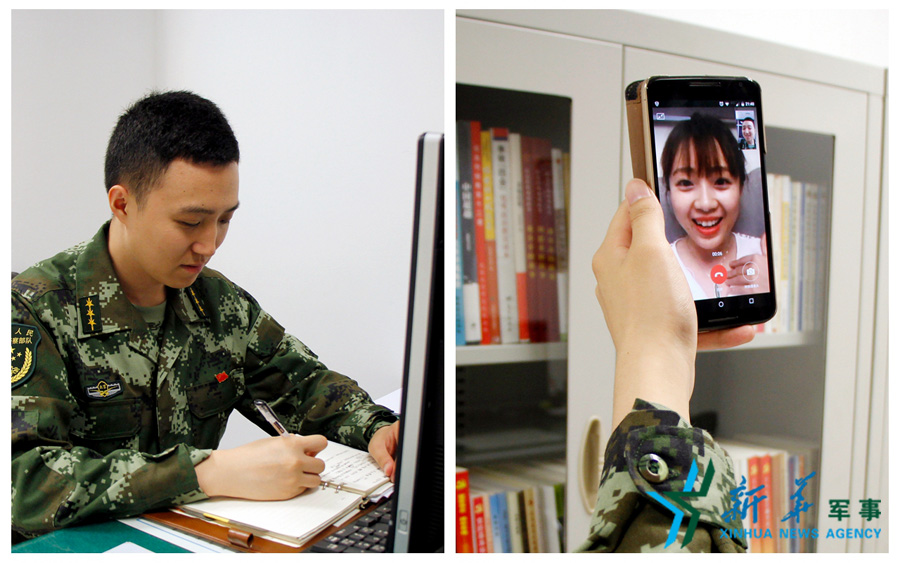 &uarr;陳德正，武警北京總隊(duì)七支隊(duì)某中隊(duì)指導(dǎo)員。七夕前夜堅(jiān)守在值班崗位上的他，在結(jié)束值班后給妻子打了個(gè)視頻電話，通過網(wǎng)絡(luò)表達(dá)著對(duì)妻子的愛意。閆星辰 攝
