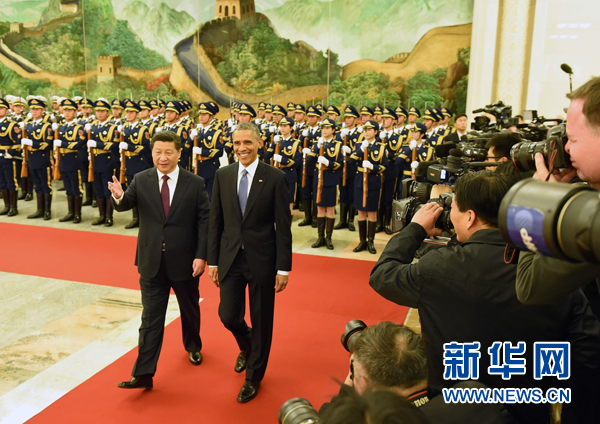 11月12日，國家主席習近平在北京人民大會堂舉行歡迎儀式，歡迎美國總統奧巴馬對中國進行國事訪問。 新華社記者 劉建生 攝