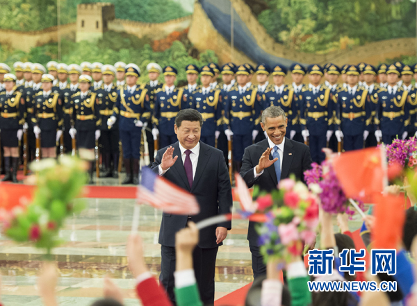 11月12日，國家主席習近平在北京人民大會堂舉行歡迎儀式，歡迎美國總統奧巴馬對中國進行國事訪問。 新華社記者 黃敬文 攝